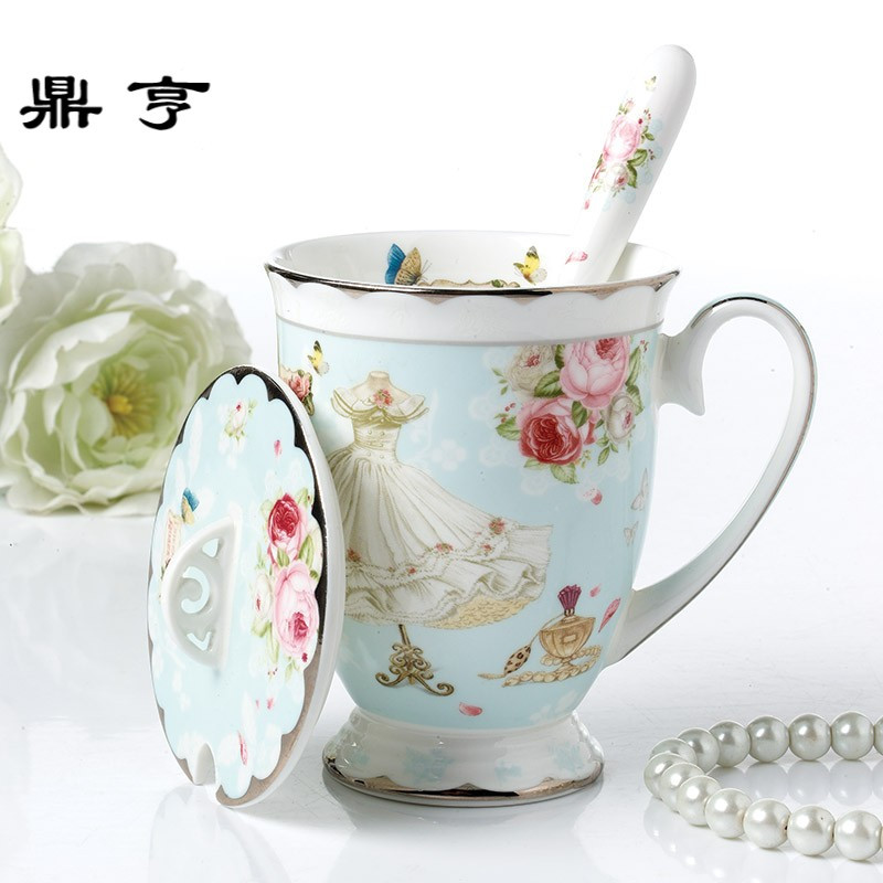 鼎亨田园陶瓷马克杯带盖勺咖啡杯骨瓷创意水杯牛奶杯子简约情侣水
