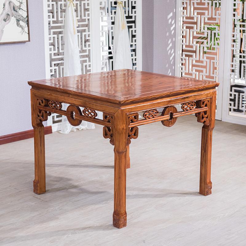 中式仿古实木餐桌椅组合 餐厅饭店农家乐八仙桌榆木家用四方桌子 铜钱八仙桌【单桌】包邮98*98*85