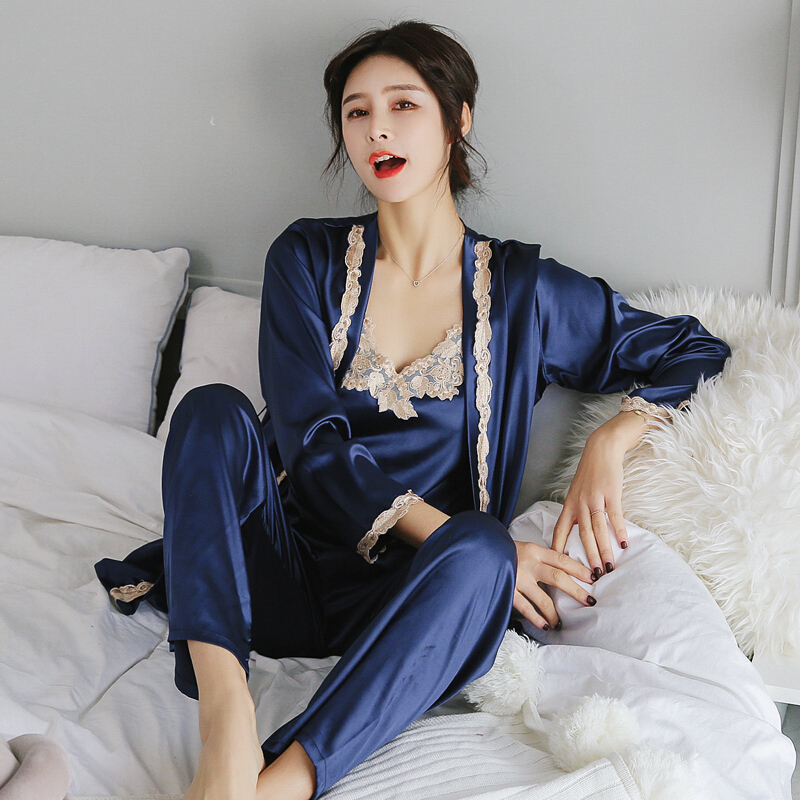 春秋季性感睡衣女仿真丝绸女士冬带睡裙长袖冰丝三件套装家居服