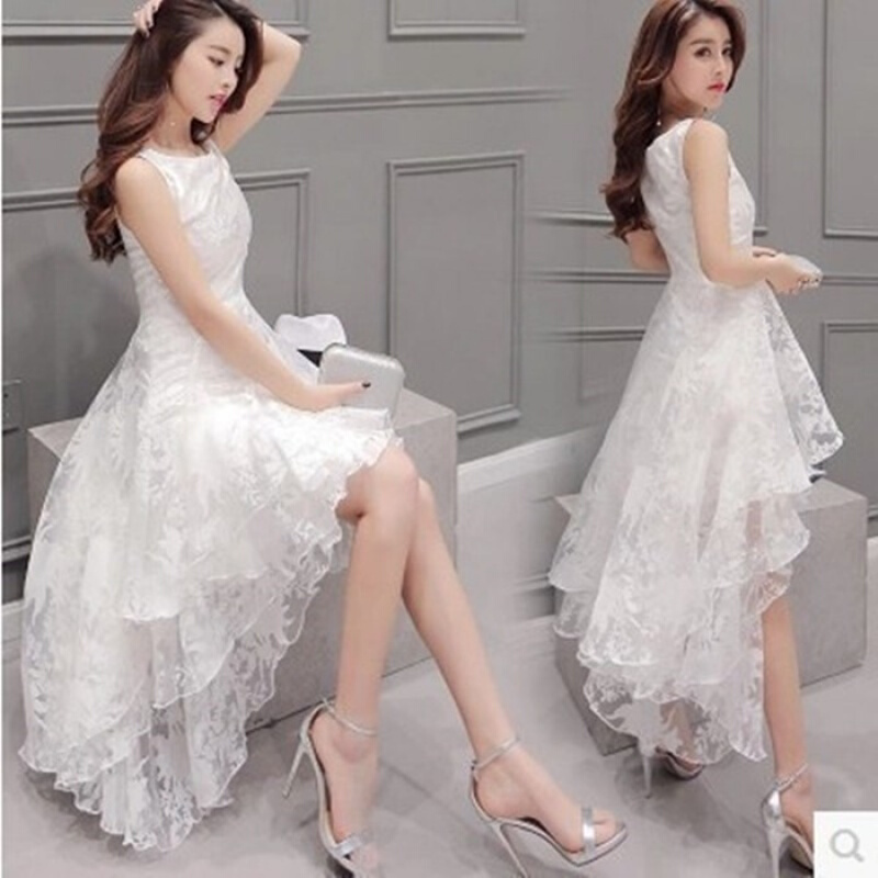 2018韩版少女裙子夏连衣裙中长款修身显瘦收腰学生前短后长小礼服