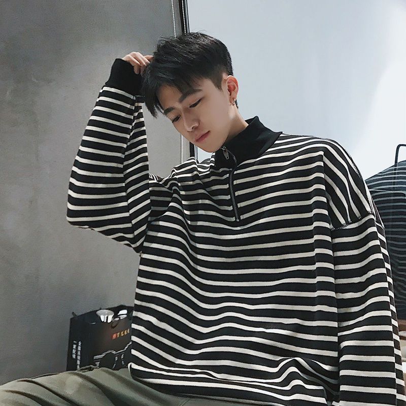 18秋装林弯弯拉链卫衣休闲t恤韩国长袖潮男韩版宽松条纹体恤衫男