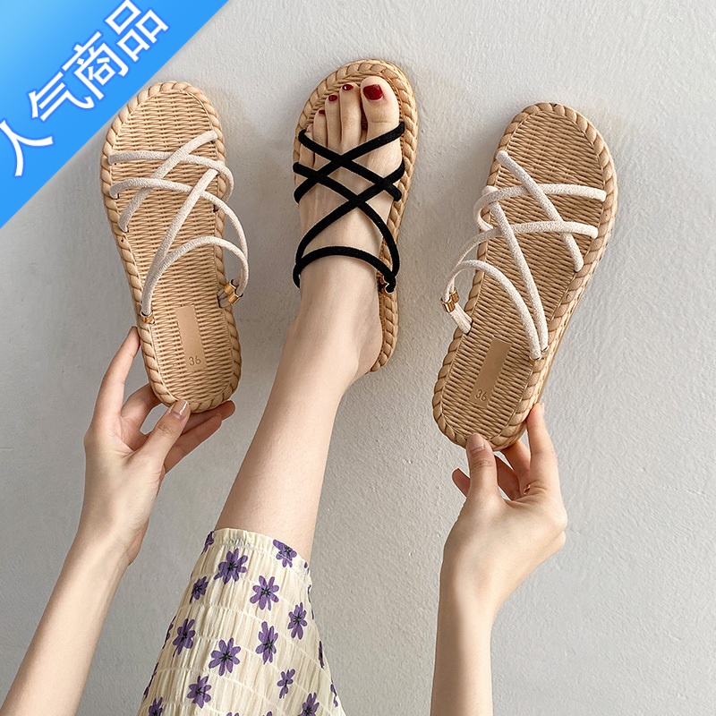 SUNTEK一鞋两穿凉鞋2023年新款女夏平底百搭仙女风ins潮亚麻沙滩罗马鞋高清大图