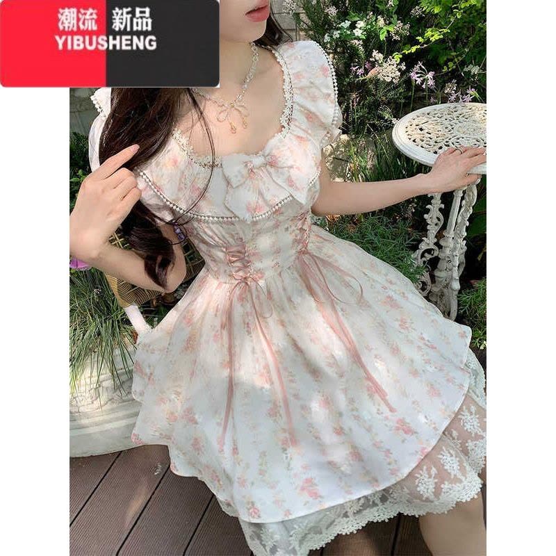 YIBUSHENG甜美可爱蝴蝶结方领碎花连衣裙子女季新款泡泡袖收腰显瘦蓬蓬裙图片