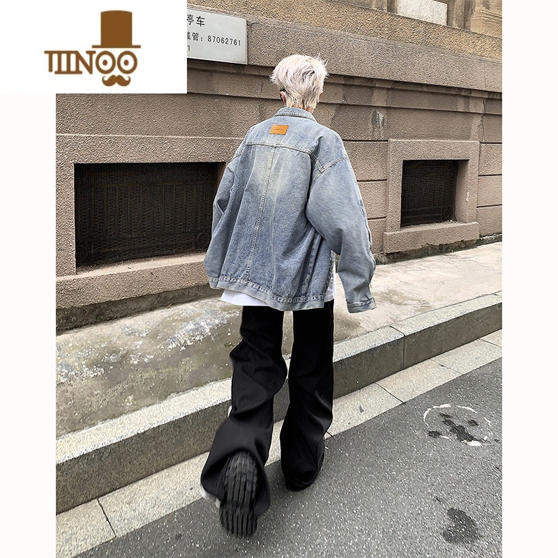 YANXU美式牛仔外套男秋季水洗做旧休闲复古感情侣百搭拉链工装夹克高清大图