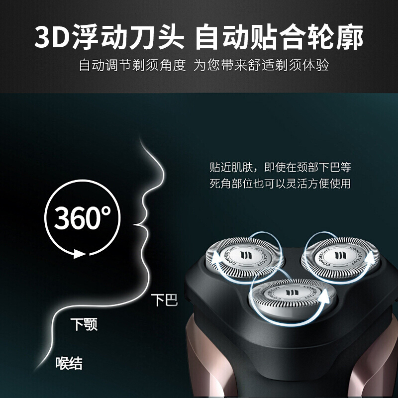 飞利浦(Philips)电动剃须刀S1060玫瑰金 旋转式三刀头男士胡须刀 充电式电须刀 进口刀头自动研磨 全身水洗
