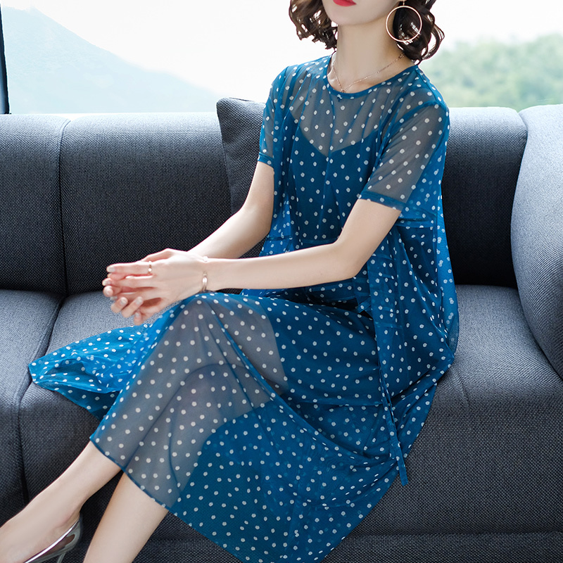 雪纺短袖连衣裙女夏新品女神范时尚减龄带两件套长裙透视网纱裙