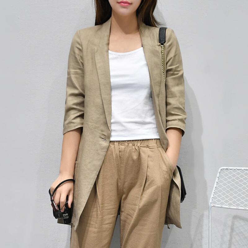 休闲棉麻小西装女中长款七分袖修身亚麻料春季女装新款外套