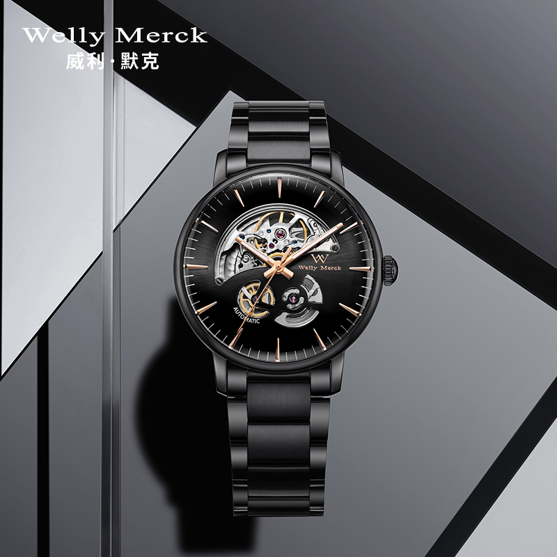 welly merck威利默克手表男新款自动机械表品牌正品防水时尚男表星球系列镂空腕表WM019M高清大图