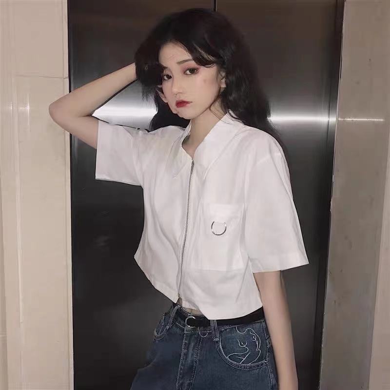 秋壳白色短袖衬衫女夏季学生工装别致上衣设计感小众polo衫短衬衣