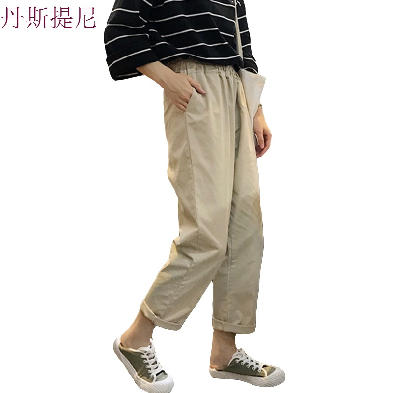 2018秋装韩版松紧腰休闲裤宽松复古工装直筒裤九分裤阔腿裤女学生