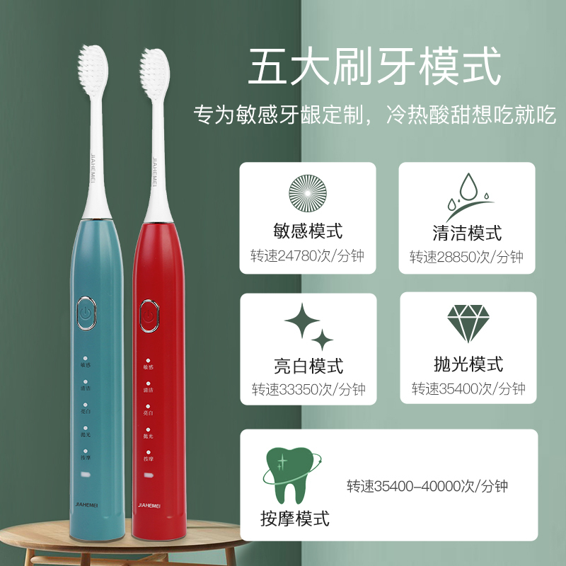 佳禾美电动牙刷软毛成人全自动声波牙刷充电学生党男女生情侣套装 粉色直充款[4个抗菌软毛+旅行盒]