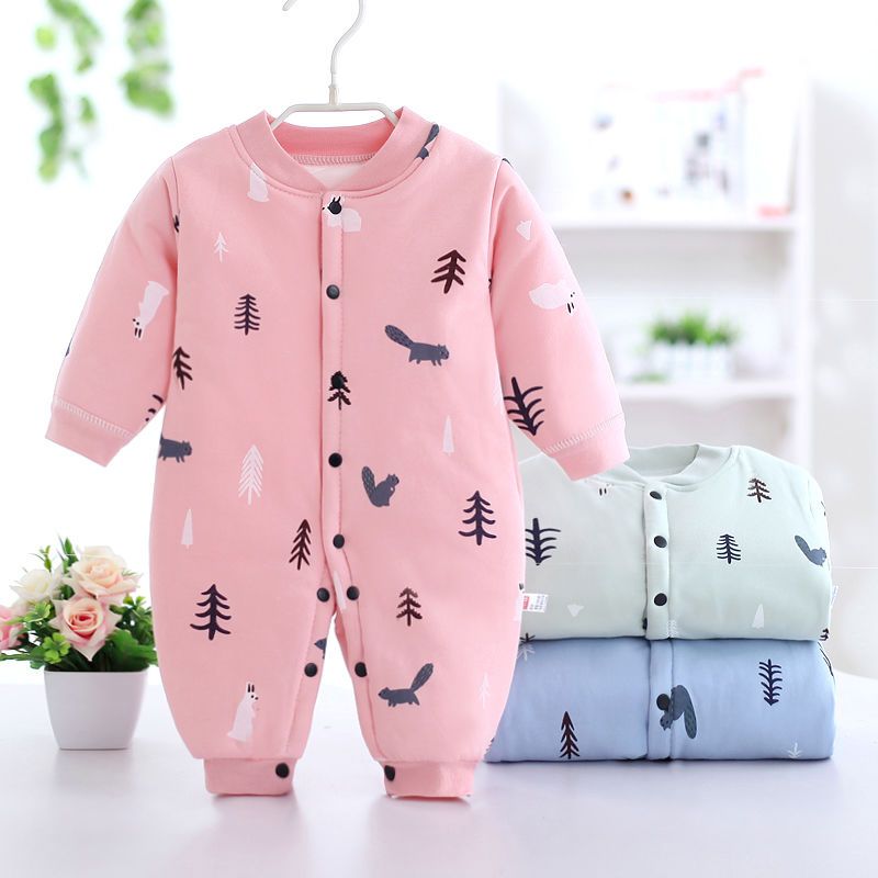 初生宝宝连体衣新生儿保暖哈衣纯棉衣服婴儿棉服女秋冬季夹棉爬服 粉色松鼠 有骨款 66 10-15斤