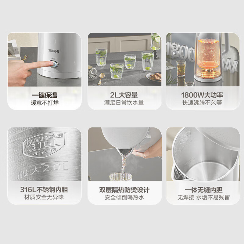 苏泊尔(SUPOR)电水壶烧水壶保温一体2L大容量家用恒温水壶316L不锈钢煮水壶开水壶SW-20J06P高清大图