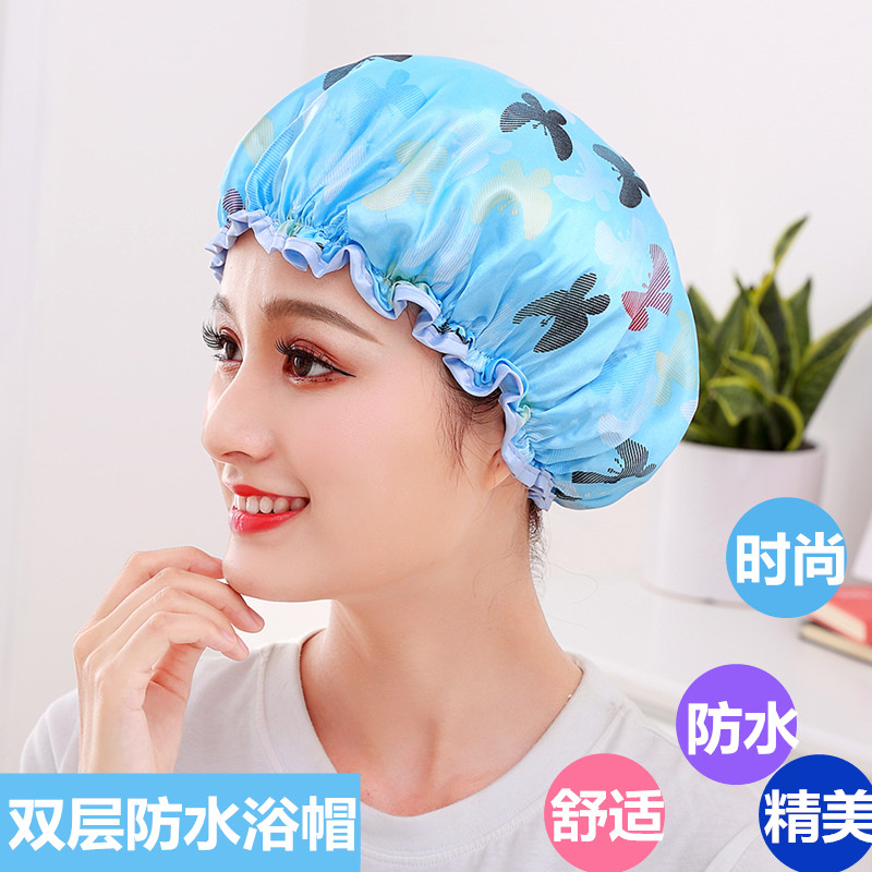 浴帽防水成人女款可爱双层加厚淋浴洗头长发洗澡帽女士 三维工匠 买粉色送灰色高清大图