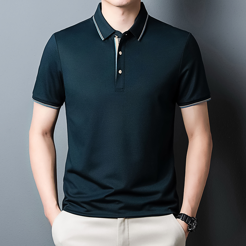 桑蚕丝polo衫男士短袖t恤2024新款夏季免烫抗皱商务休闲半袖上衣短袖t恤男翻领中年纯色免烫抗皱商务休闲polo衫夏薄高清大图