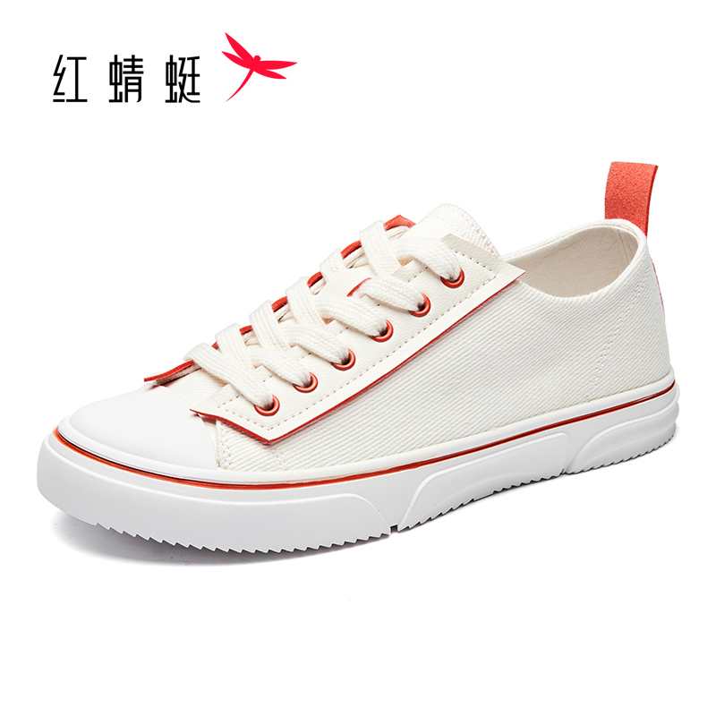 红蜻蜓小白鞋女春季系带帆布休闲女鞋透气鞋子百搭板鞋系带耐磨橡胶