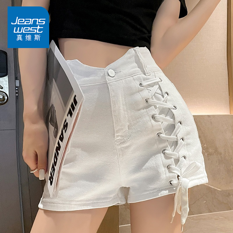 真维斯高腰牛仔短裤女春夏2022新款韩版抽绳设计感显瘦a字绑带包臀热裤