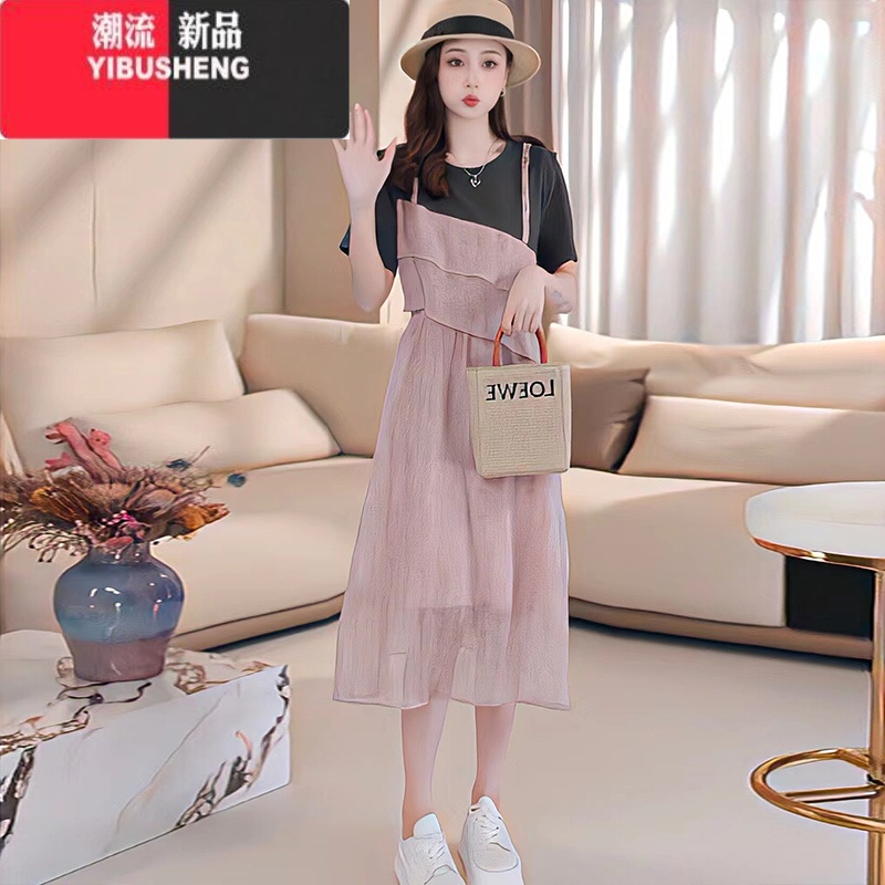 YIBUSHENG假两件连衣裙女季新款韩版小众设计拼接T恤气质显瘦减龄中长裙 粉色 L建议100斤-115斤