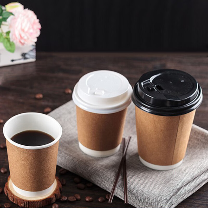 一次性咖啡杯 牛皮纸双层杯400ml,带白开关盖,50只高清大图