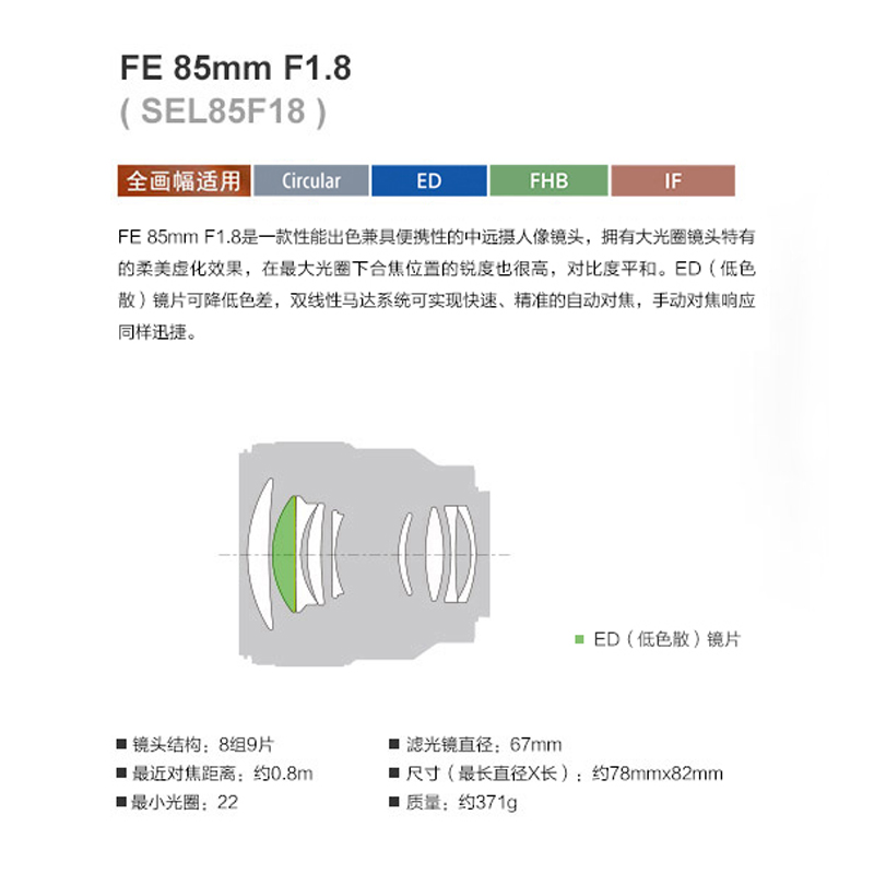 索尼(Sony)FE 85mm F1.8 全画幅中远摄定焦镜头 (SEL85F18)高清大图
