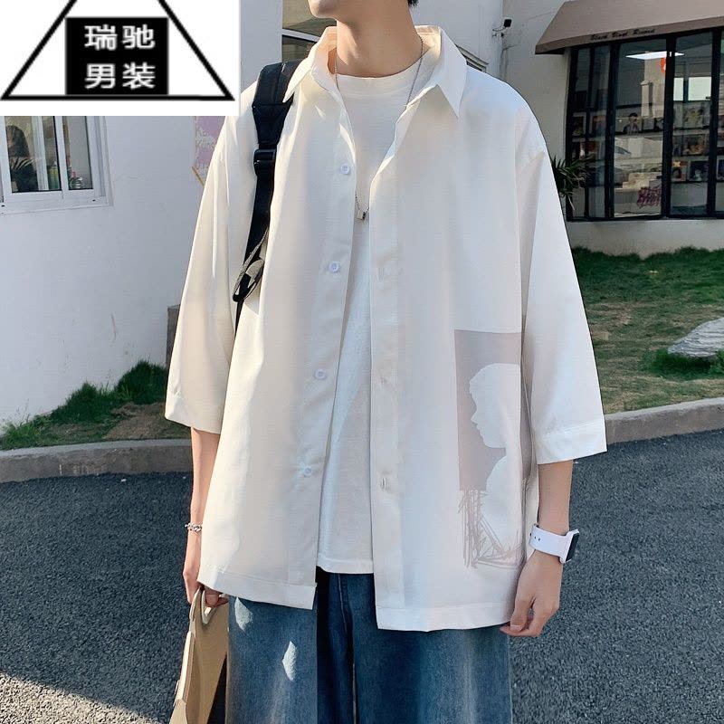 希杰狮王短袖衬衫男宽松七分袖上衣ins港风痞帅衬衣韩版潮流夏季薄款外套图片