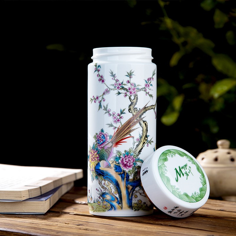 鼎亨陶瓷保温杯青花瓷大容量550ml茶杯泡茶耐热大号创意防漏杯