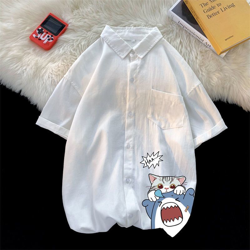 Claw money黑色痞帅薄款短袖衬衫男夏季休闲宽松五分袖衬衣青少年