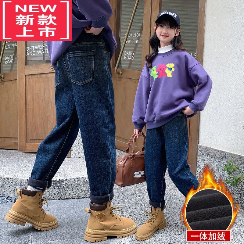 可莉允女童裤子冬款2022新款洋气加绒长裤中大童加厚保暖冬装休闲牛仔裤保暖裤图片