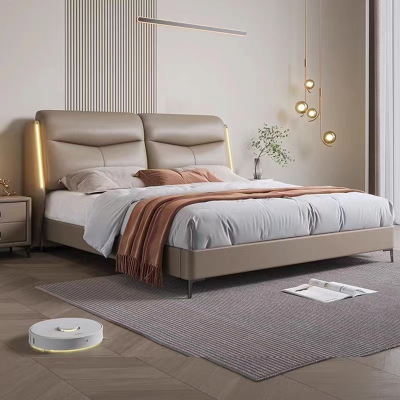 意式真皮床现代简约轻奢双人床主卧1.5米8储物床软包家用实木婚床高清大图