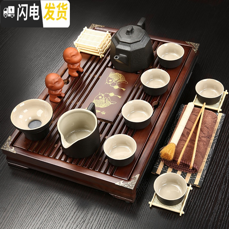 三维工匠紫砂功夫茶具套装家用简约实木小茶盘蓄排两用抽屉式办公茶台 12棕诗仙李白青瓷鱼 21件