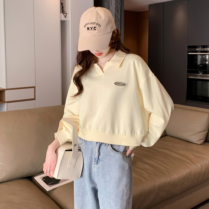 唐狮长袖卫衣polo衫女早春新款短款宽松小个子设计感上衣