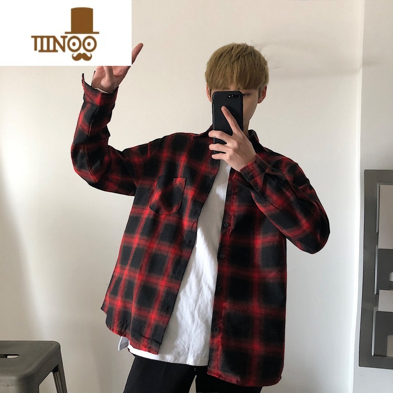 YANXU2023新款复古美式港风红黑白色格子衬衫男宽松长袖外套大码薄款潮高清大图