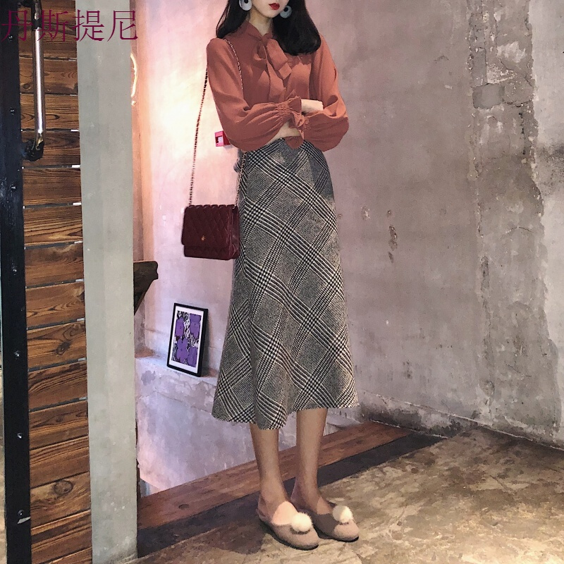 港味复古格纹优雅淑女气质中长款A字伞裙鱼尾裙包臀半身裙女图色