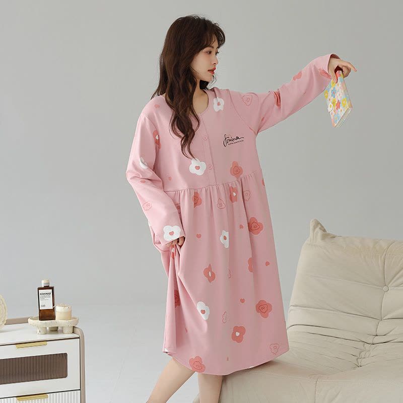 猫人待产裙孕妇带胸垫睡裙女士春夏季纯棉长袖月子家居服2025新款图片