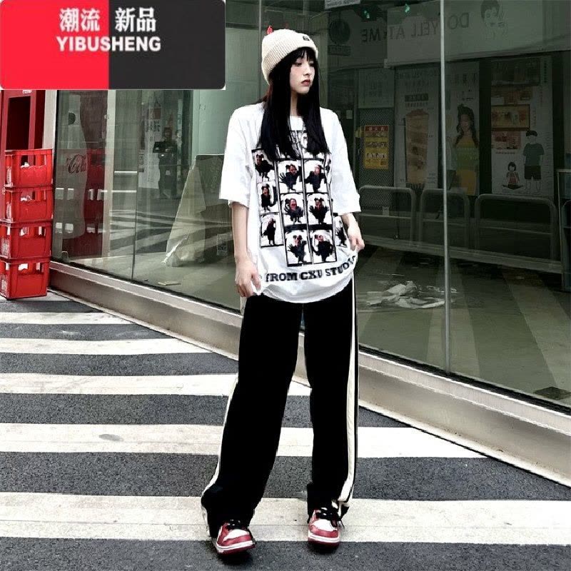 YIBUSHENG美式阔腿运动卫裤女拖地长裤子春秋韩版高街ins宽松直筒休闲裤潮图片