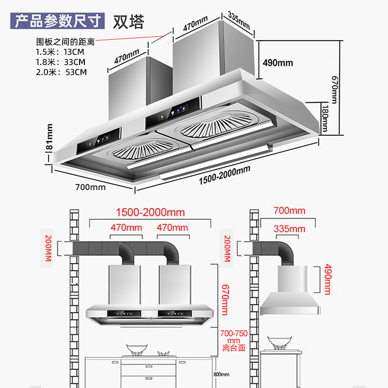 欢呼好太太[油电分离]2400W饭店大锅灶农村土灶柴火灶抽油烟机90立方大吸力吊顶大型餐饮食堂商用油烟机2米双电机