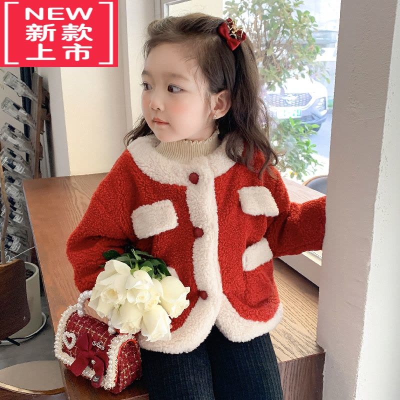 可莉允儿童毛绒棉衣2022新款女小童加绒加厚毛毛衣女童圣诞红色外套冬款棉服图片