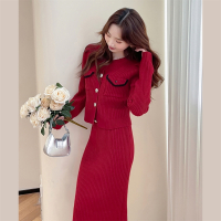 唐狮红色针织开衫和半裙女新款冬季穿搭一整套高级感qd