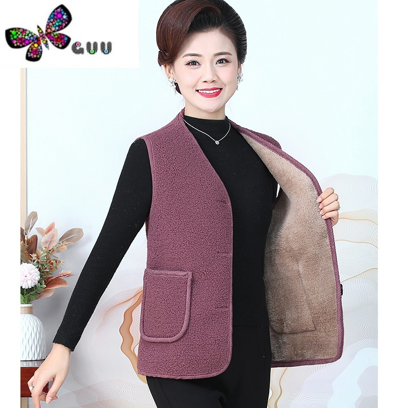 语娄时尚马夹女中年妈妈装冬装加绒加厚纯色背心坎肩中老年马甲女外穿