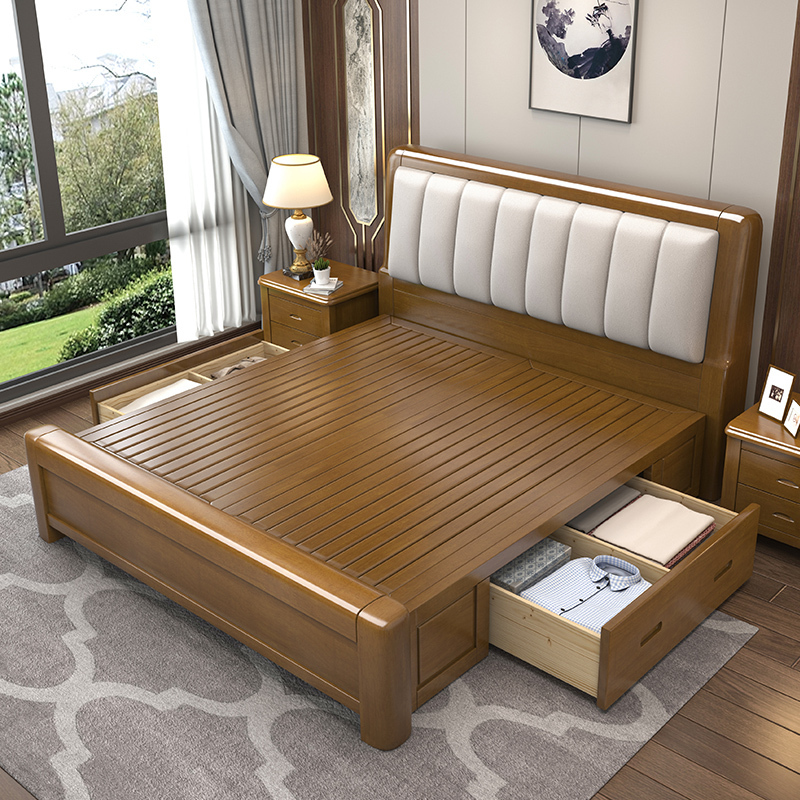 天空树新中式实木床家用储物卧室1.5m1.8m轻奢简约小户型多功能家具