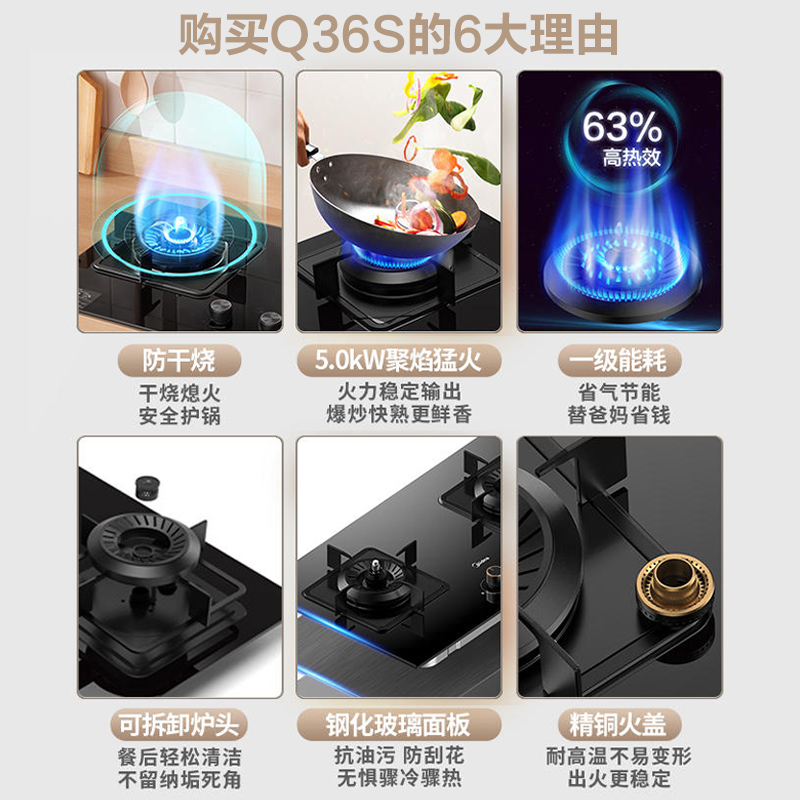 美的(Midea)燃气灶天然气 防干烧灶具 家用5.0kW大火力台嵌两用 双眼灶 安防灶 美颐享 Q36S高清大图