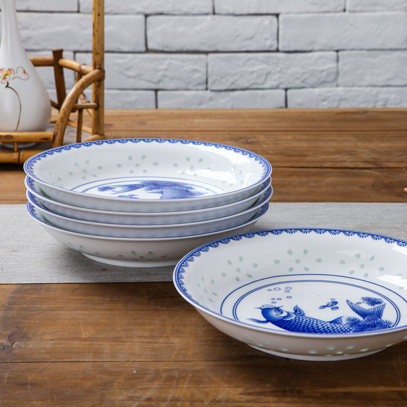 lichen景德镇青花玲珑陶瓷餐具清雅古典釉中彩年年有余碗盘勺碟子套装