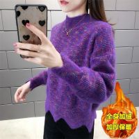加绒/不加绒秋冬半高领针织打底衫宽松加厚毛衣女 M建议100-110斤 紫色【加绒】