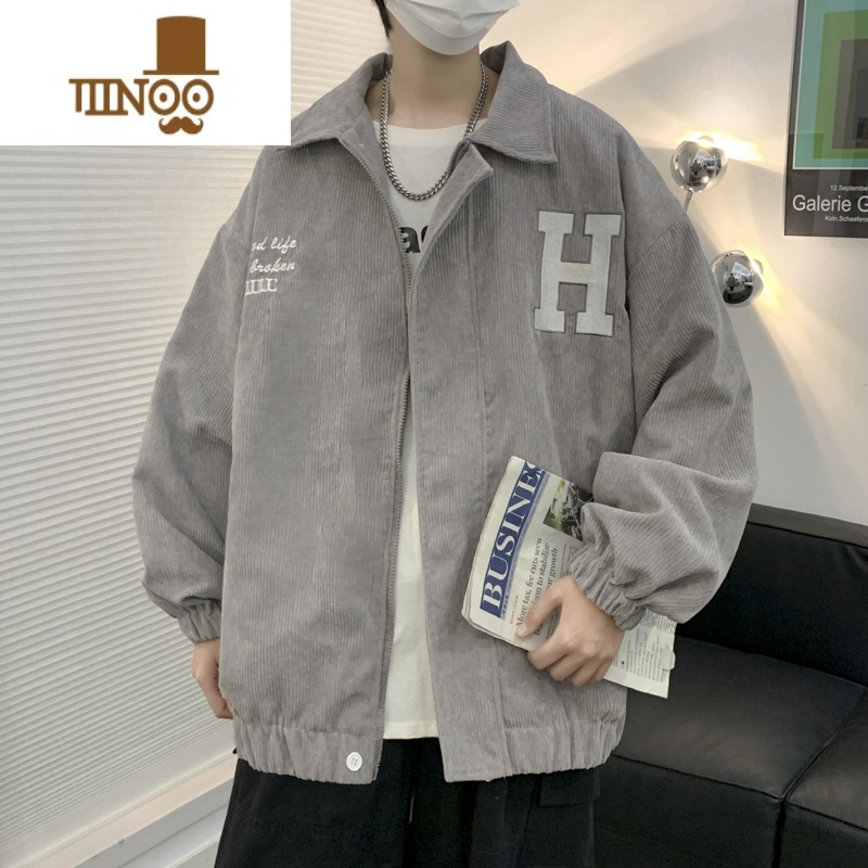 YANXU灯芯绒工装夹克男春季港风复古潮流宽松休闲外穿字母印花翻领外套高清大图