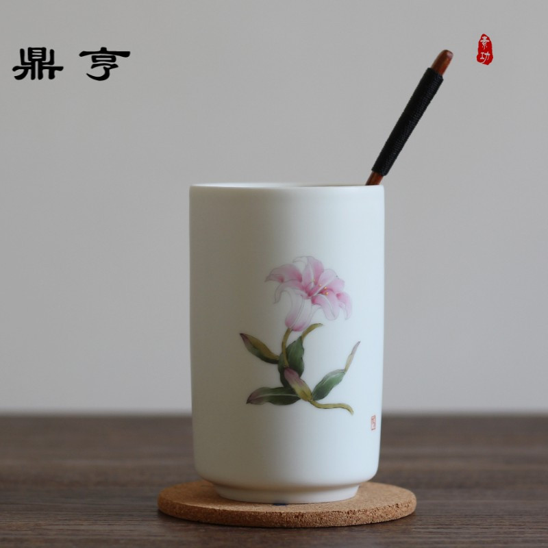 鼎亨景德镇手工手绘荷花白釉陶瓷杯带勺马克杯情侣杯牛奶杯早餐杯