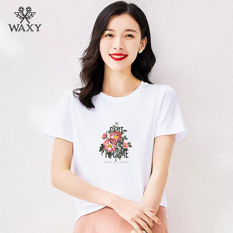 WAXY正肩短袖t恤女装夏季2022年新款韩版设计感圆领纯棉印花上衣