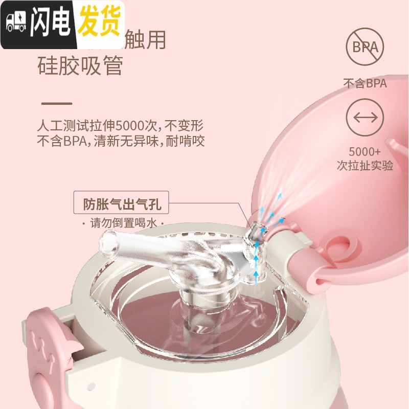 三维工匠儿童眠眠兔大容量保温杯女学生简约杯子便携 带吸管水杯 粉色眠眠兔套装+304蓝色弹跳杯