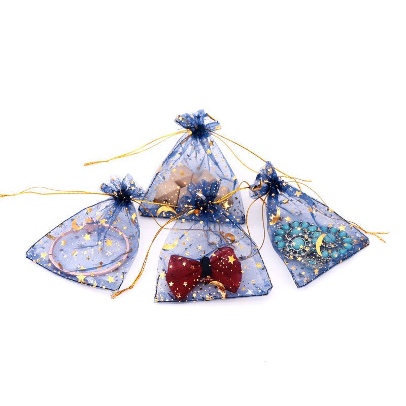 白银星月纱 7x9cm[50个装] 喜糖袋婚庆用品回礼袋满月喜蛋袋小袋子烫金纱袋束口抽绳袋批发