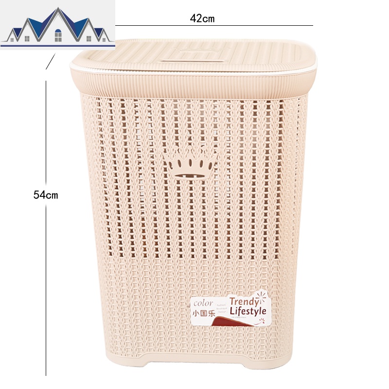 大号方形塑料仿藤编脏衣篮带盖洗衣篮脏衣服收纳筐脏衣篓收纳篮 三维工匠 皇冠藕粉