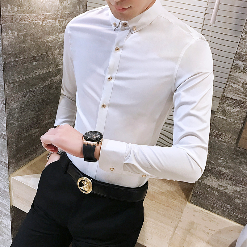 2018年春装男士天蓝色长袖衬衫浅蓝色衬衣韩版修身职业装制服粉色